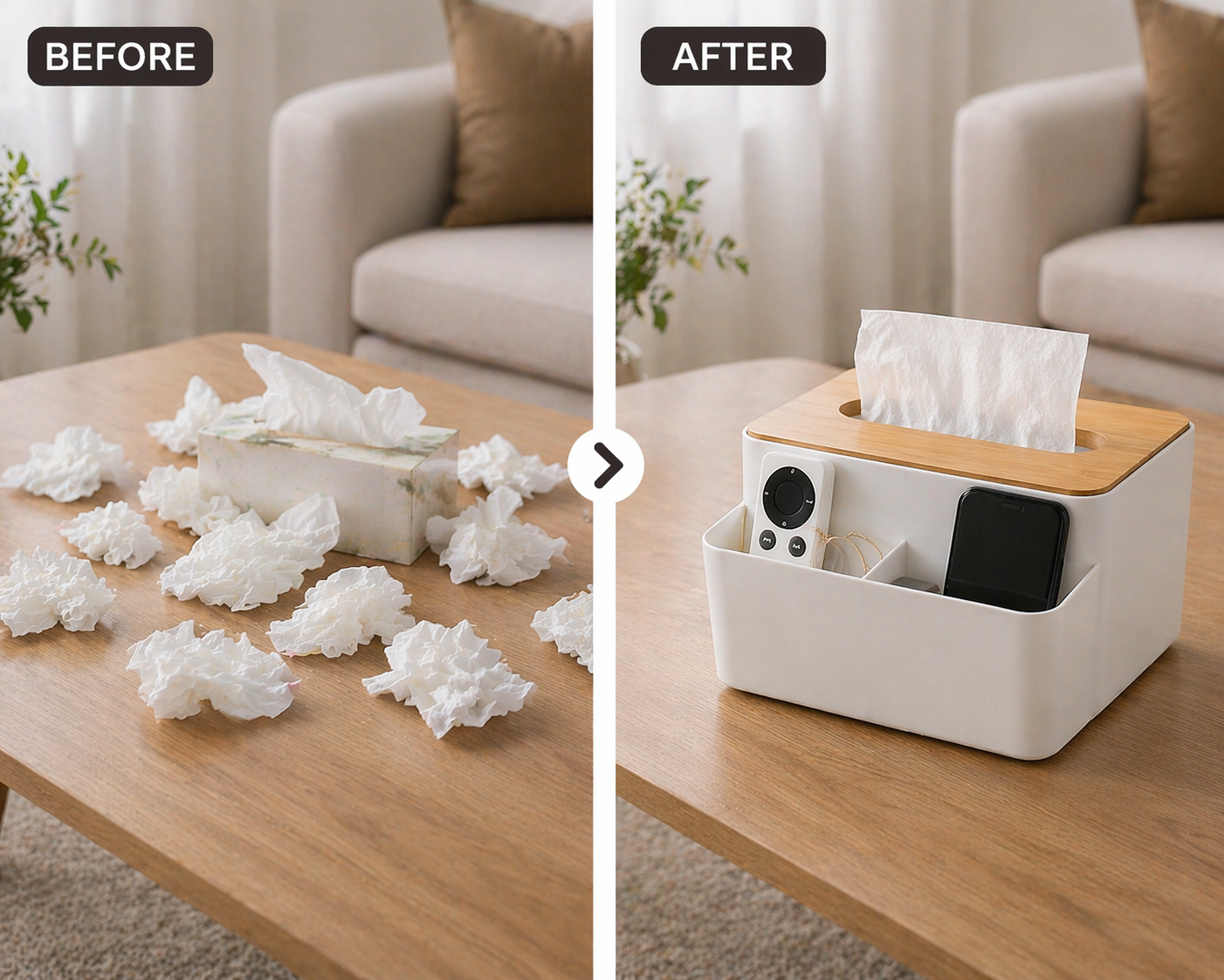 Wooden Lid Tissue Storage Box with Remote Holder | Multi-Functional Organizer for Home, Car & Office