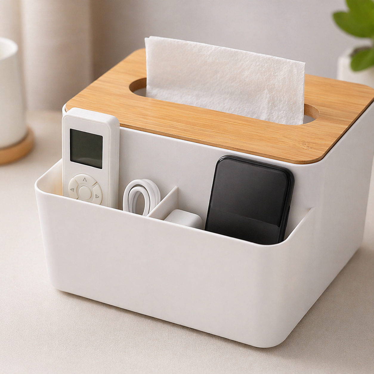 Wooden Lid Tissue Storage Box with Remote Holder | Multi-Functional Organizer for Home, Car & Office