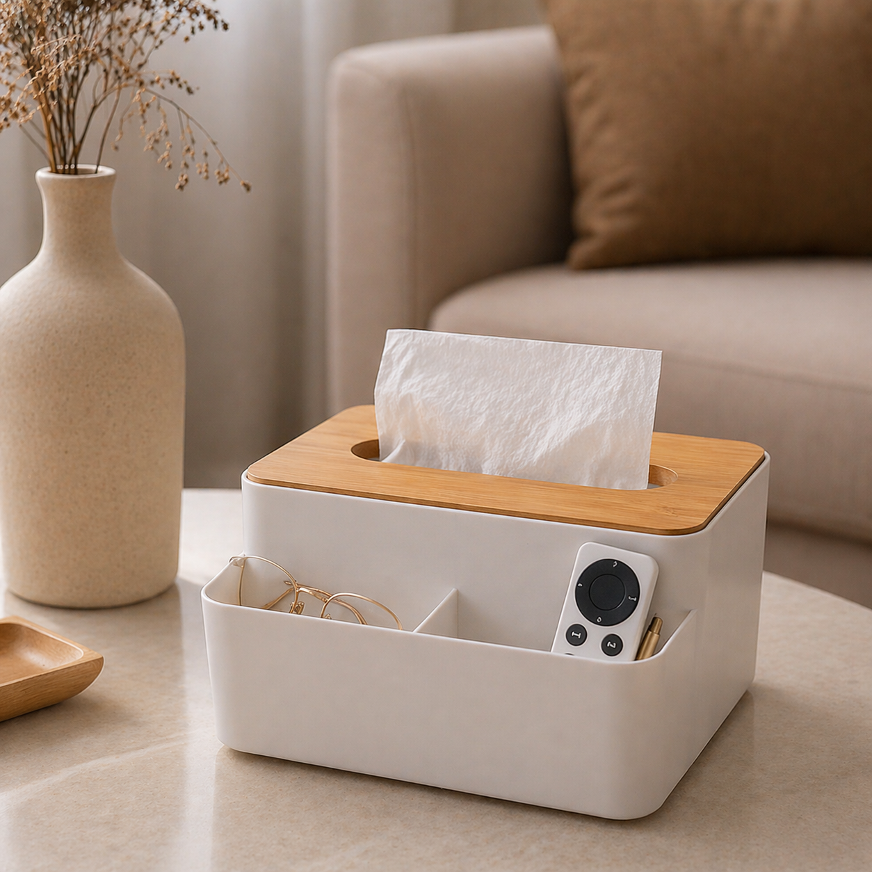 Wooden Lid Tissue Storage Box with Remote Holder | Multi-Functional Organizer for Home, Car & Office