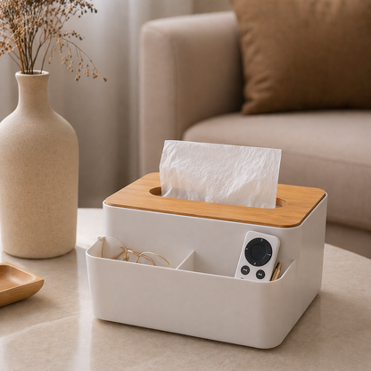 Wooden Lid Tissue Storage Box with Remote Holder | Multi-Functional Organizer for Home, Car & Office