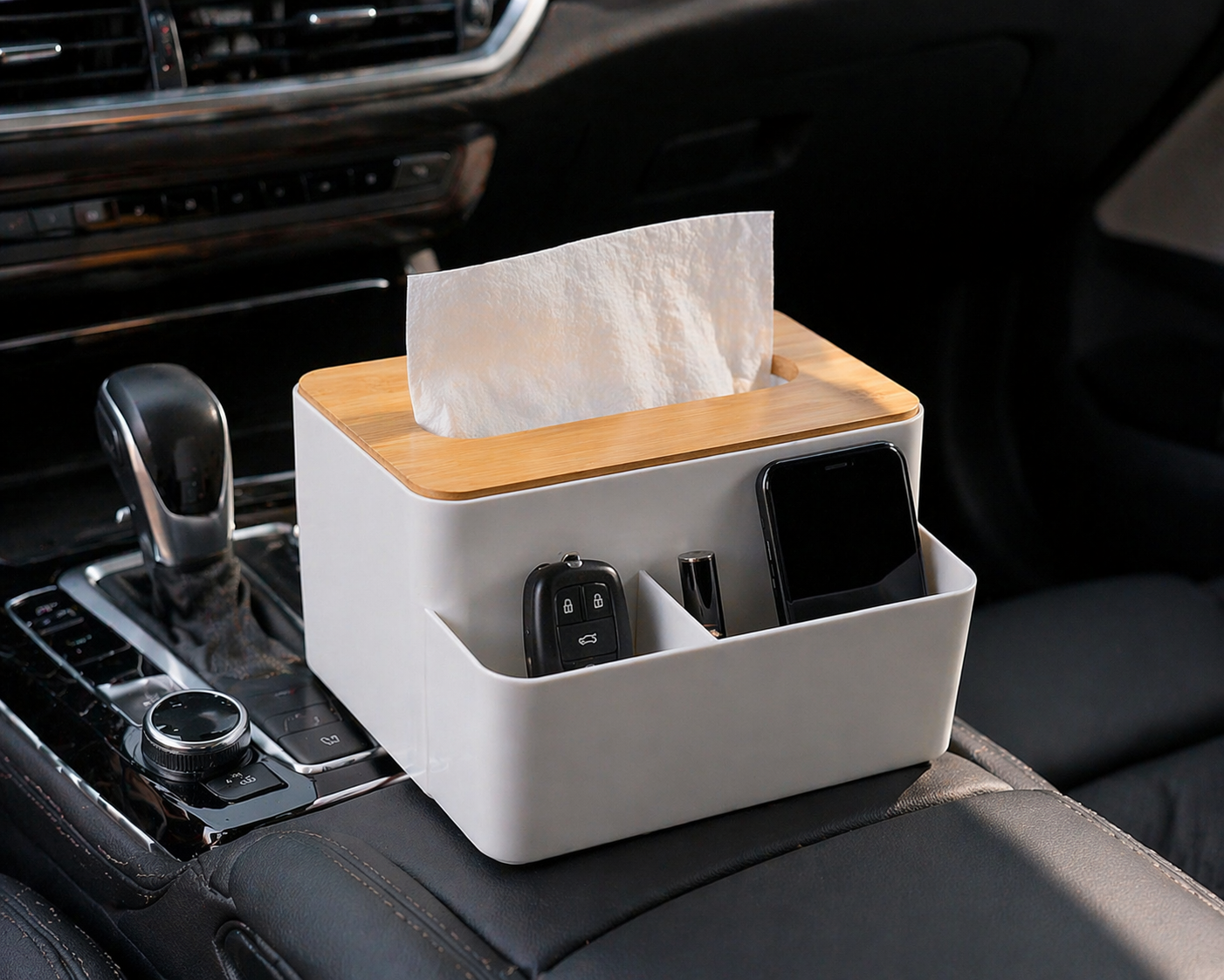 Wooden Lid Tissue Storage Box with Remote Holder | Multi-Functional Organizer for Home, Car & Office