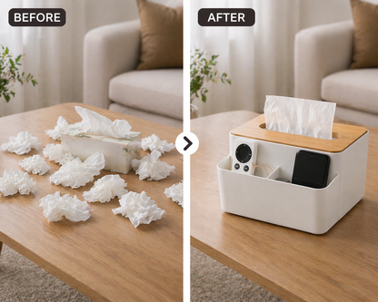 Wooden Lid Tissue Storage Box with Remote Holder | Multi-Functional Organizer for Home, Car & Office