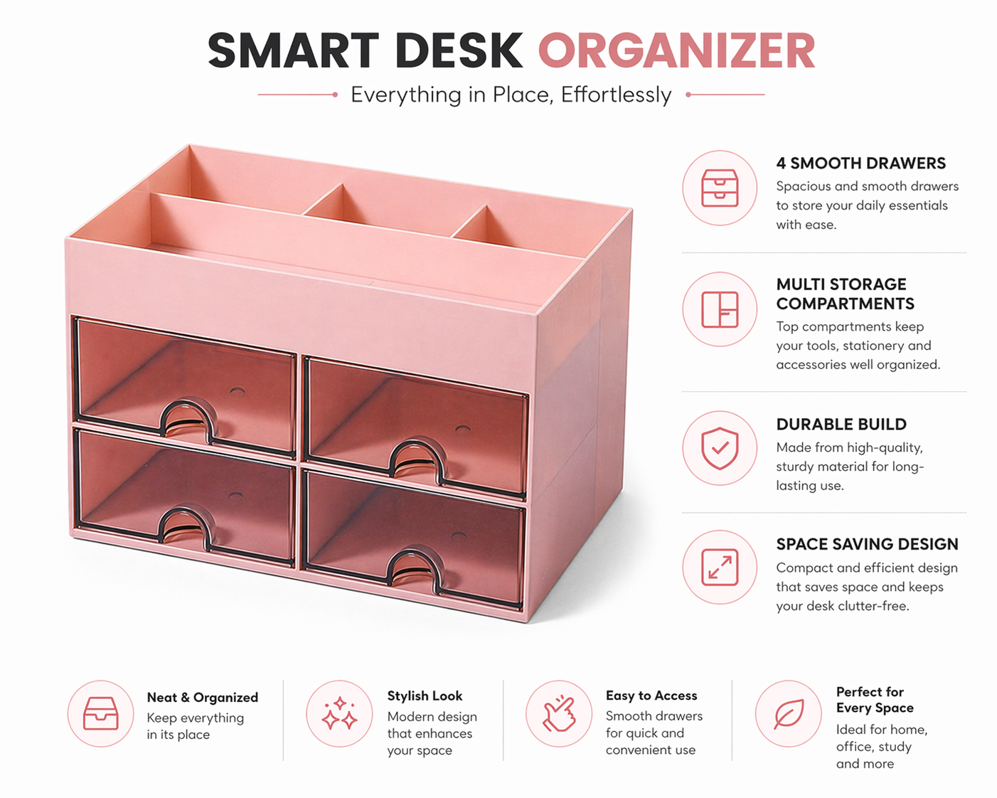 4 Drawer Desk Organizer Storage Box – Multipurpose Makeup, Stationery & Accessories Holder | Space Saving Desktop Organizer