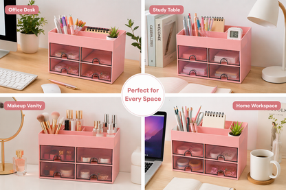 4 Drawer Desk Organizer Storage Box – Multipurpose Makeup, Stationery & Accessories Holder | Space Saving Desktop Organizer