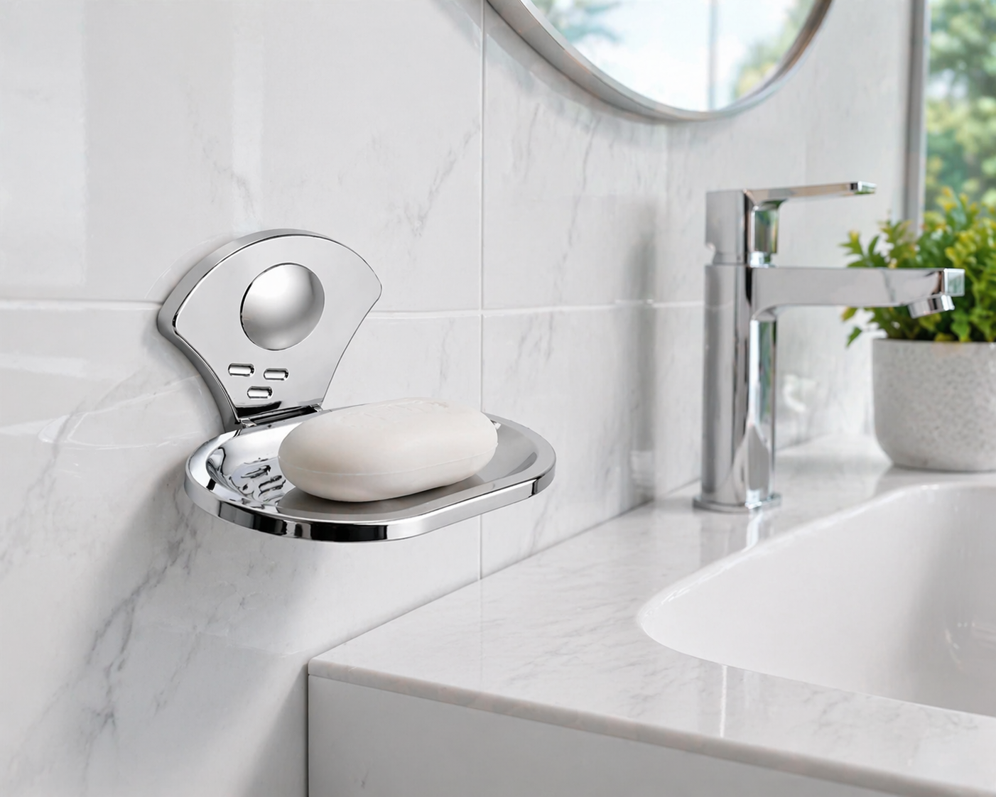 wall mounted soap holder in modern bathroom setup clean organized sink area