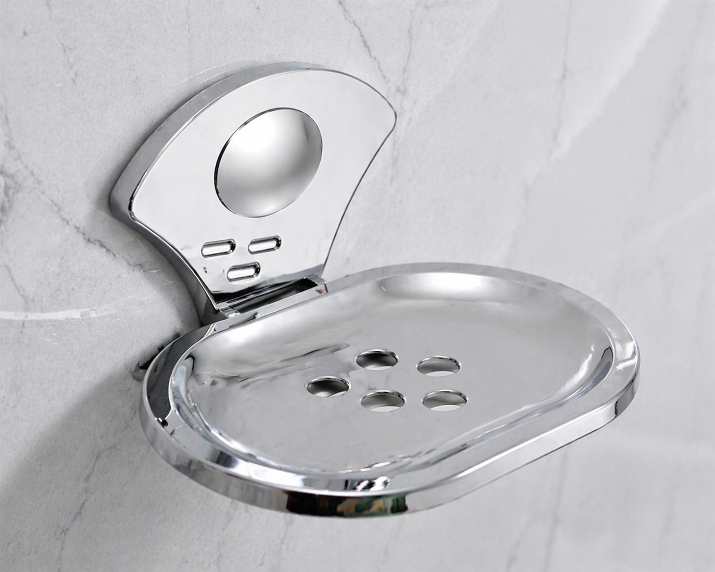 strong suction stainless steel soap dish holder with drainage holes close up view